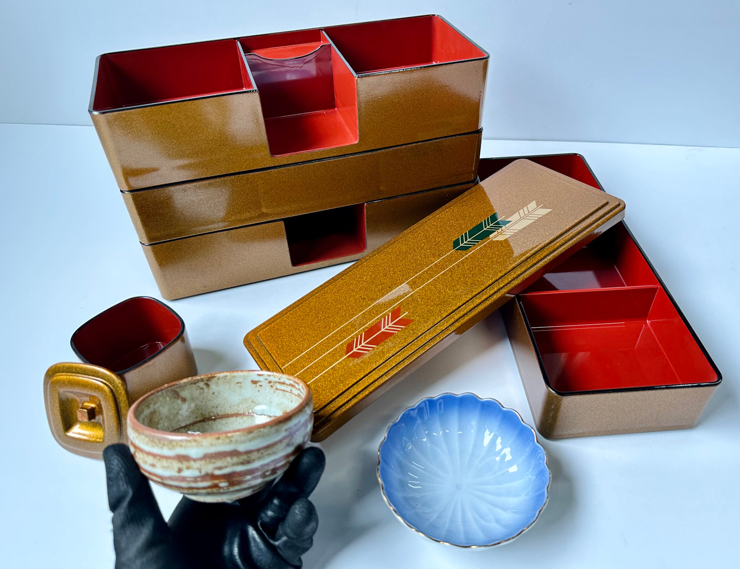 Vintage Jubako 4-Tier Set with Kobachi & Sauce Dish